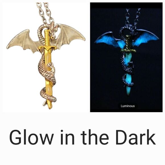 Flying Dragon Royal Sword Glow in the Dark Necklace Unique Fantasy Jewelry - Picture 3 of 8